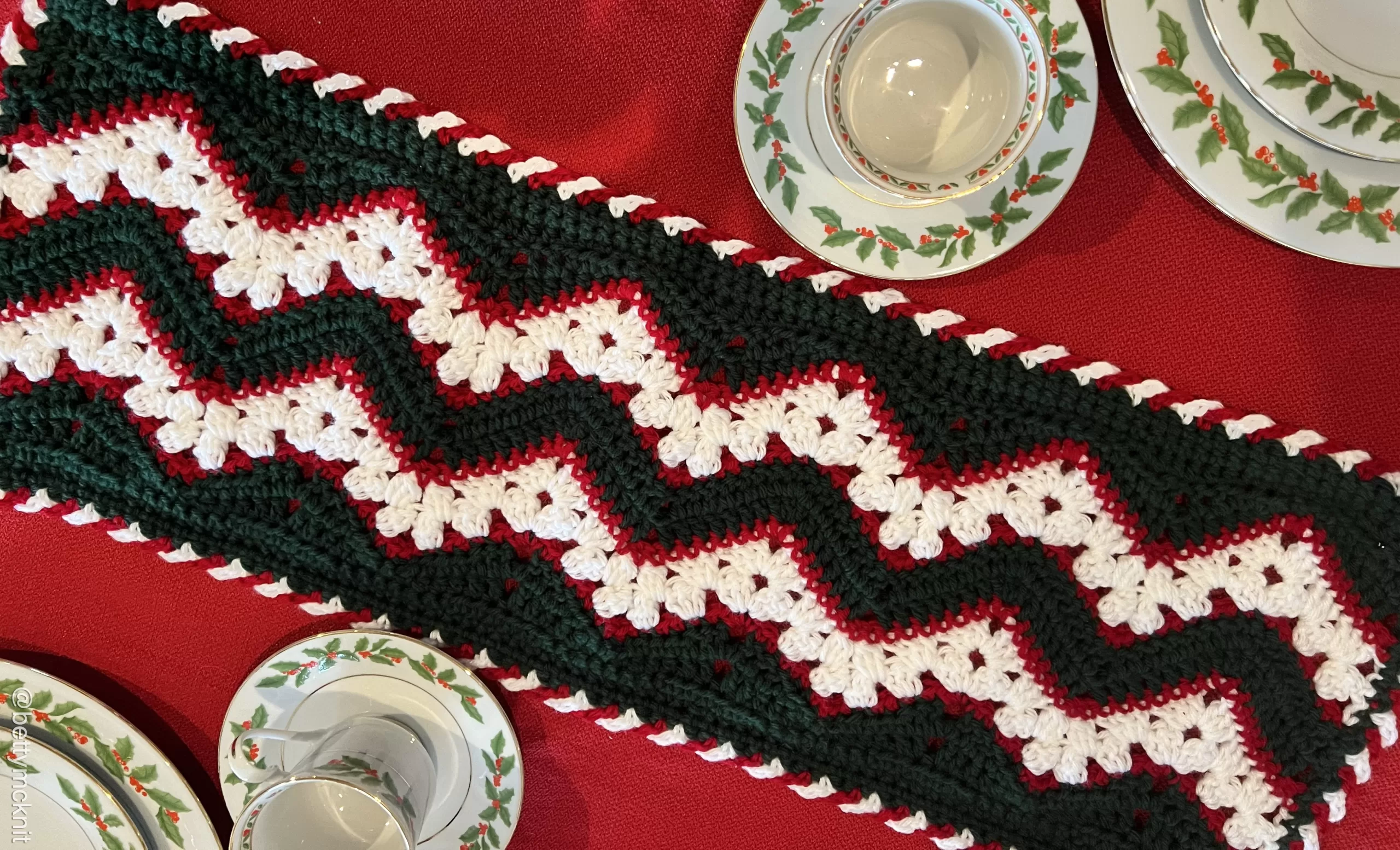 Holiday Table set with Christmas Dishes and 6-Day Crochet Table Runner