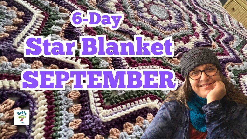 Star Blanket September Header with purple and white lettering and photo of Betty McKnit, on background of 6-Day Superstar Blanket