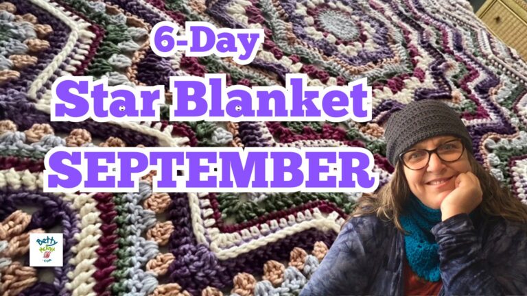 Star Blanket September Header with purple and white lettering and photo of Betty McKnit, on background of 6-Day Superstar Blanket