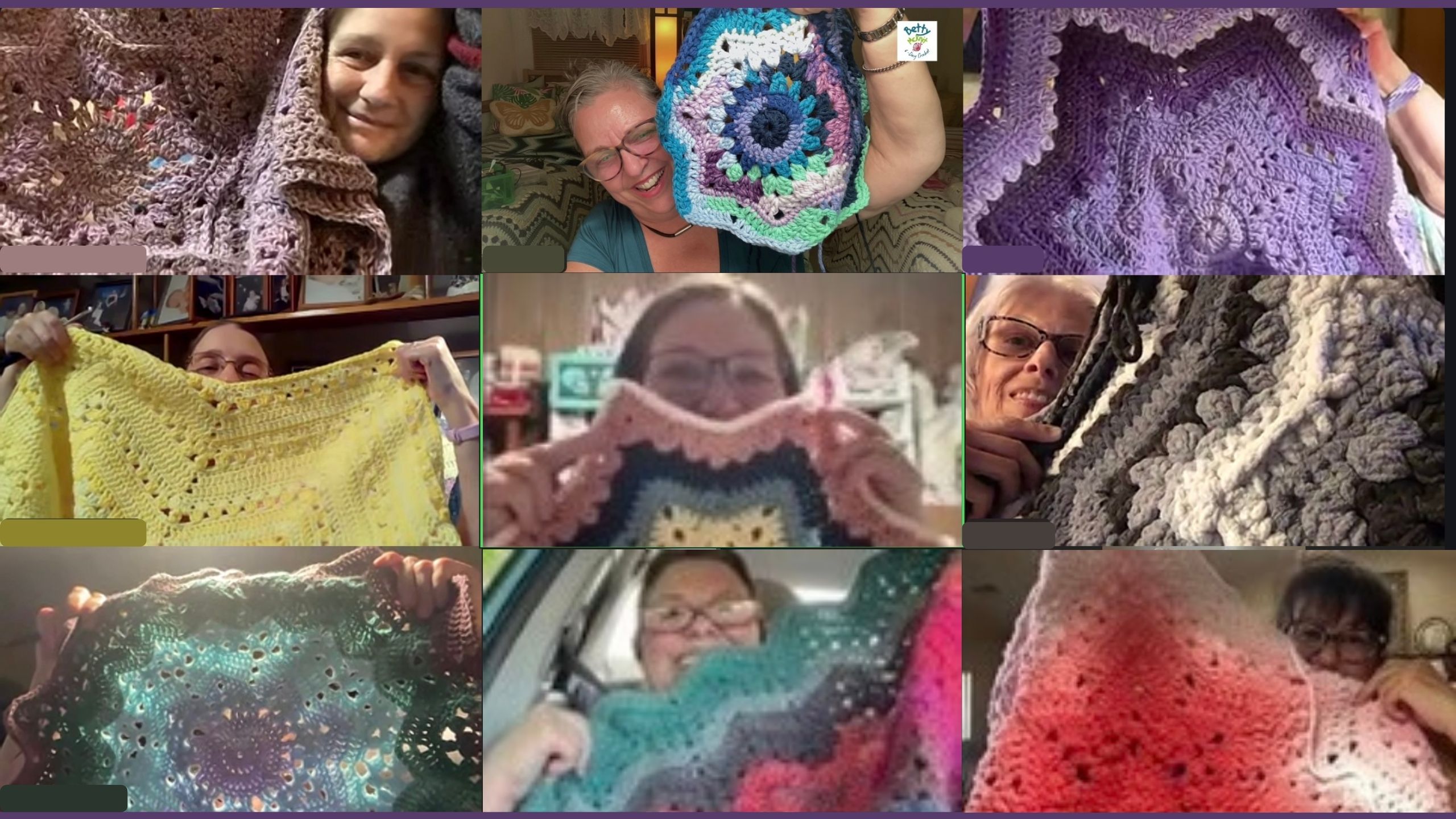 Zoom screenshot with smiling crocheters holding up projects