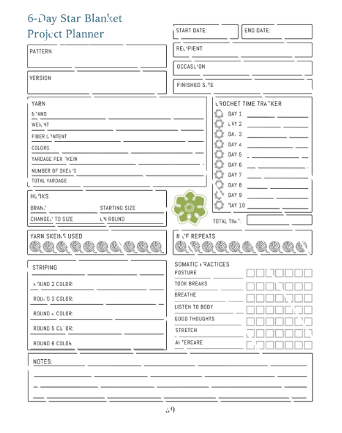 Planner Page from the 6-Day Star Blanket Planner