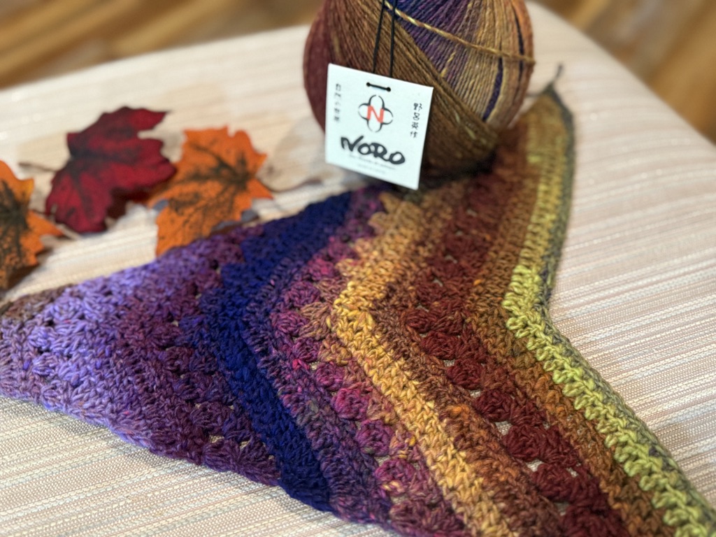 colorful crochet scarf with noro yarns and fall leaves