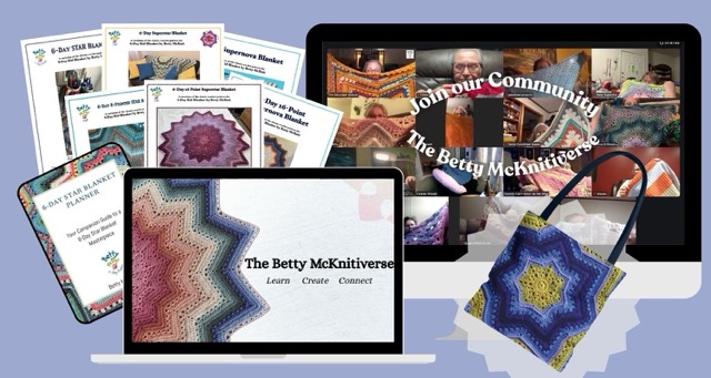 Collage mock-up of crochet patterns, planner, and tote bag, and membership bundle offer